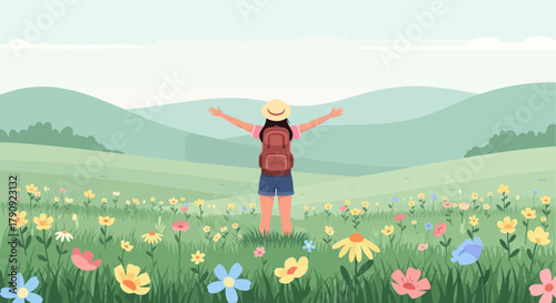 Woman Embracing Nature's Beauty Amidst Floral Meadow Under Serene Skies Illustration