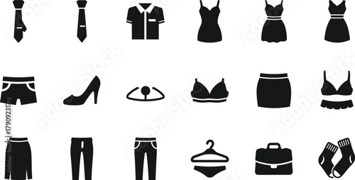 Fashion icon silhouettes, clothing and accessory set, black vector grid, wardrobe elements, minimalist style, apparel design, retail catalog illustration