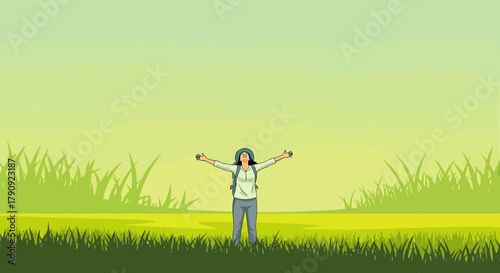 Woman Embracing Nature's Serenity Within Lush Landscape With Open Arms