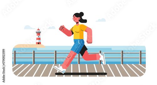 Woman Jogging By The Lighthouse In The Late Afternoon With A Beautiful Beach View
