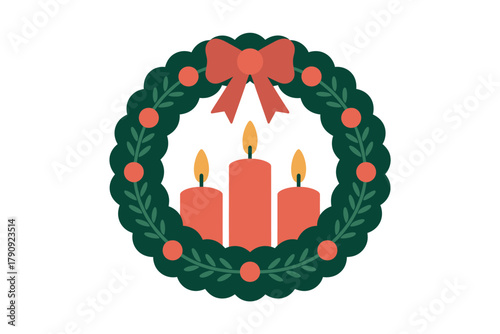 A festive Christmas wreath adorned with three glowing candles and a red bow sits isolated on a white background.