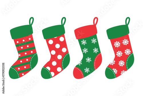 Four colorful Christmas stockings with festive patterns are displayed against a white background, ready for Santa's gifts.
