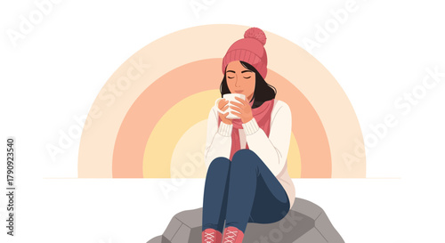 Woman Enjoying A Warm Beverage In a Cozy Outfit With Calming Pastel Backdrop
