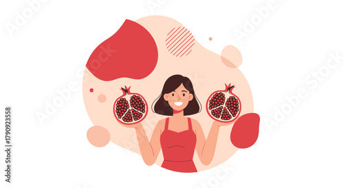 Woman Joyfully Presenting Fresh Pomegranates, Colorful Illustration, Dietary Delights