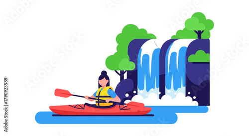 Woman Kayaking Near Waterfalls In A Vibrant Illustration Against A Black Background