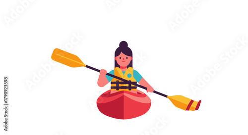 Woman Kayaking on Water, Enjoying Summer Adventures with Colorful Illustration Design