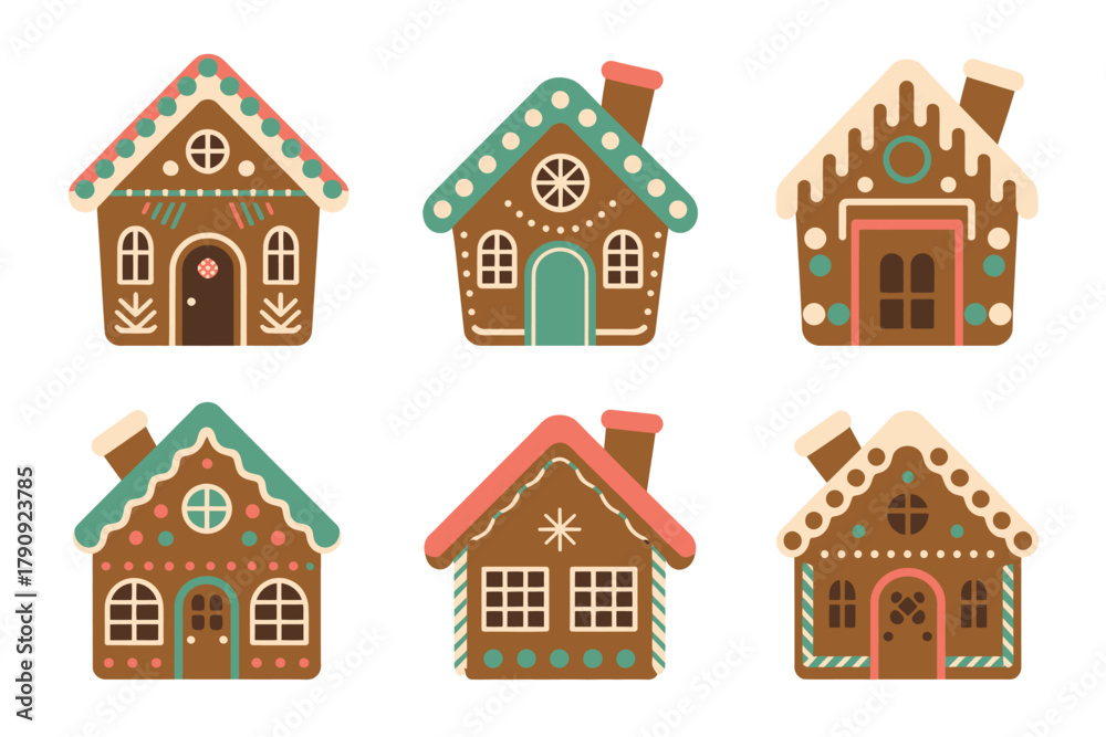 Naklejka premium A collection of whimsical, decorated gingerbread houses arranged in two rows, evoking a festive holiday spirit.