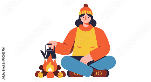 Woman Makes Tea By Cozy Campfire, Resting Under Open Sky In Evening Light