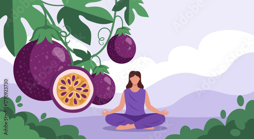 Woman Meditating Amidst Passion Fruit Blossoms in Tranquil and Serene Background