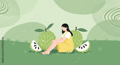 Woman Meditating Amidst Fresh Custard Apples in A Serene, Nature-Inspired Environment