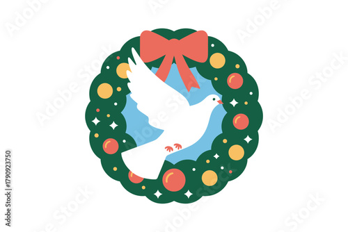 A white dove of peace flies within a festive Christmas wreath adorned with a red bow and colorful ornaments, symbolizing holiday cheer and tranquility.