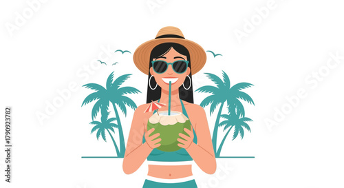 Woman Enjoying Delicious Coconut Drink on a Tropical Beach in Summertime Vacation