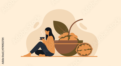 Woman Meditating Embracing Calmness, Drinking Beverage Near the Walnut Illustration