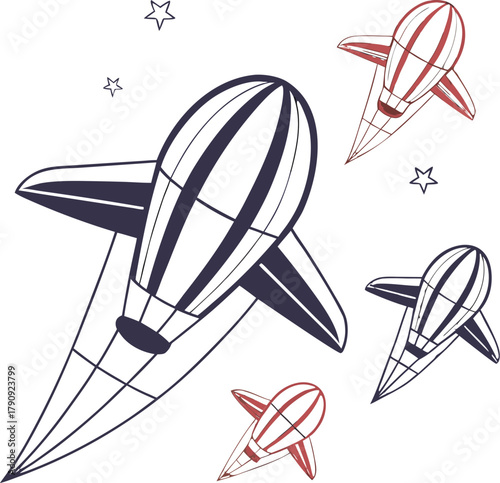 Airships sailing under starry skies, perfect for kids designs or whimsical travel promotions, adding a touch of adventure and imagination to any project