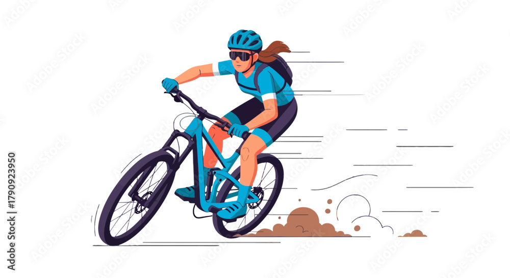 Obraz premium Woman Mountain Biking Through Darkness: Vector Illustration of Adventure and Speed