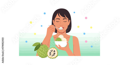 Woman Enjoying Delicious Ice Cream with Exotic Custard Apple Fruit Illustration
