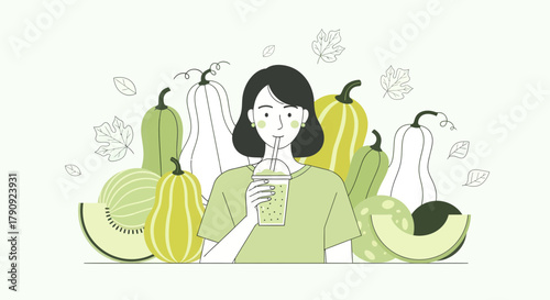 Woman Enjoying Delicious Green Drink with Assorted Squash and Floral Illustration