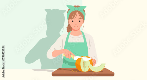 Woman Neatly Preparing Sliced Melon On A Cutting Board in A Simple Kitchen Scene