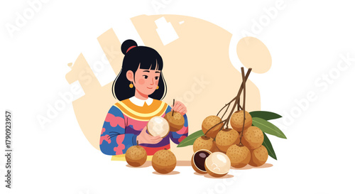 Woman Enjoying Delicious Longan Fruits During Harvest Season Vector Illustration