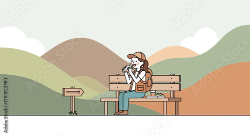 Woman Enjoying Delicious Meal During A Scenic Hike On A Mountain Bench