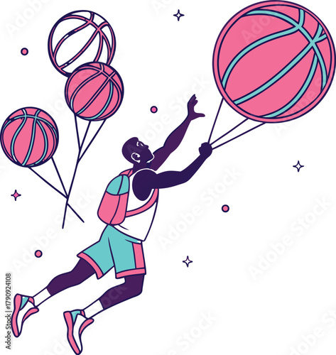 Dynamic basketball player leaps with vibrant balloon-like basketballs, embodying dreams, fitness, and youthful energy in a modern, stylish design