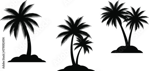 Palm tree silhouettes, tropical black icons, curved trunk palm, island landscape shapes, vector illustration, exotic nature symbols, summer design elements