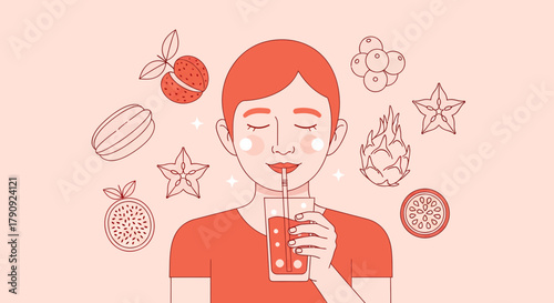 Woman Enjoying Delicious Tropical Juice, Illustration With Beautiful Exotic Fruits