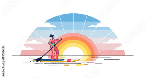Woman Paddles on Surfboard, Sunset and Scenic View, Recreation, Active Lifestyle