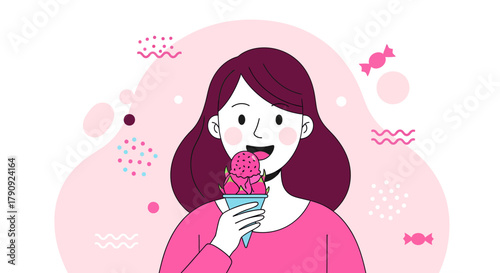 Woman Enjoying Dragon Fruit Ice Cream in Playful Pink Illustration with Colorful Decorations