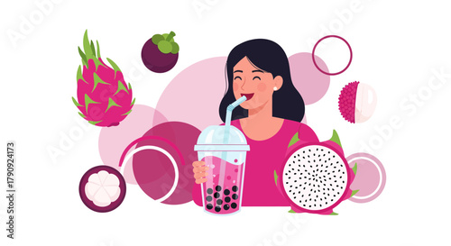 Woman Enjoying Dragon Fruit Boba Tea in Colorful Vector Illustration