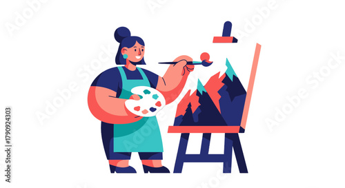 Woman Painting a Landscape Illustration, Art Studio Creative Activity, Vector Design