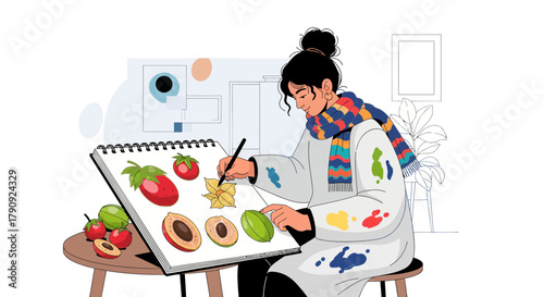 Woman Painting Colorful Fruits: Studio Illustration Depicting Creativity And Artistic Endeavor