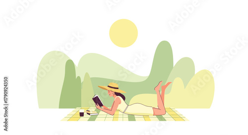 Woman Enjoying Leisurely Reading On A Picnic Blanket Beneath Warm Sun Illustration