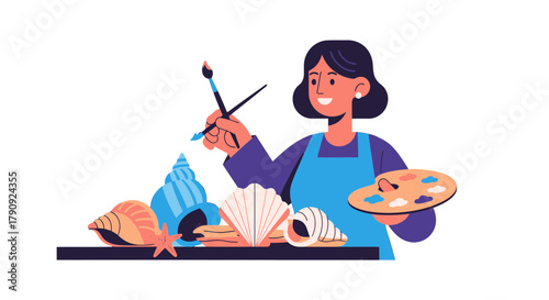 Woman Painting Seashells on Palette: Artistic Illustration Against Black Background