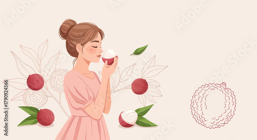 Woman Enjoying Lychee Aroma Illustration, A Delightful Tropical Fruit Experience