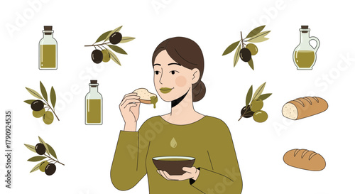 Woman Enjoying Olive Oil, Bread, And Olives Representing Healthy Lifestyle
