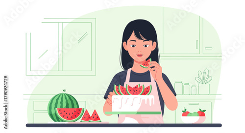 Woman Enjoying Watermelon and the Fresh Produce in Her Summer Kitchen Setting