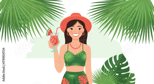 Woman Enjoying Watermelon Cocktail On A Tropical Holiday With Summer Vibes Scene