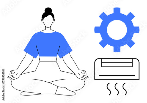 Female sitting cross-legged in meditation pose with gear and air conditioner nearby. Ideal for balance, wellness, focus, mindfulness, efficiency, self-care, relaxation. Simple flat metaphor