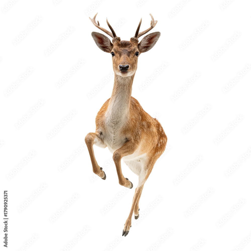 Fototapeta premium Png of a fallow deer buck jumping isolated on transparent background the animal is looking at the camera it is a mammal