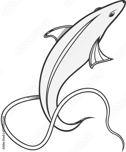 Graceful eel or dolphin gracefully swims upwards with flowing tail and sleek fins, evoking aquatic wonder and ocean movement.