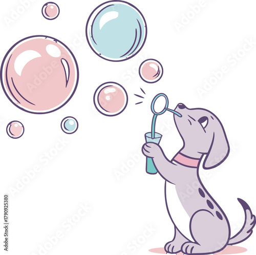 Adorable puppy joyfully blows colorful bubbles, creating magical moments of pure delight and playful innocence in a whimsical scene.