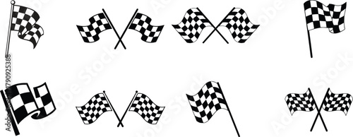 finish flag icon vectorCrossed checkered 3d race flags representing motorsport finish line for car rally isolated on white background. Chequered texture with start at motor road. Waving flag and winni