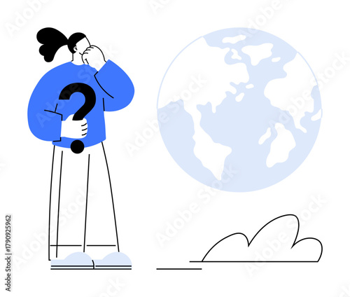 Individual thinking deeply, holding a question mark, standing near planet Earth. Ideal for problem-solving, global challenges, exploration, education, sustainability, decision-making curiosity