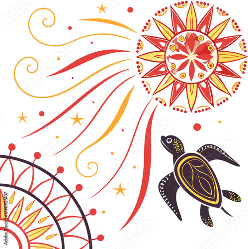 Whimsical sea turtle swims among stars and sunbursts, a vibrant ocean dreamscape perfect for playful designs and vibrant summer themes, radiating joy
