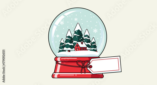 Snow globe with a winter scene of a house and pine trees, labeled on a light background
