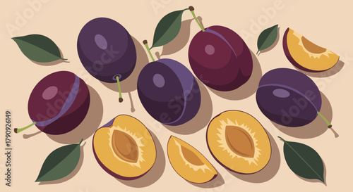 Vibrant Illustration of Fresh Plums, Leaves, and Slices, Perfect for Design