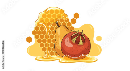 Vibrant Illustrated Display of Honeycomb with Fruits Design and Delicious Honey Flow