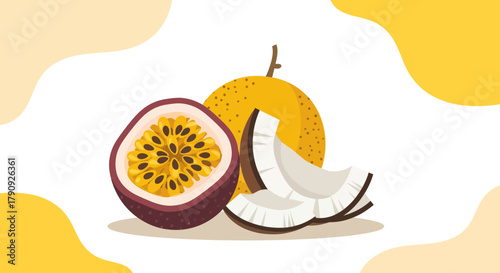 Vibrant Illustrated Display of Tropical Passion Fruit, Coconut Slices and Delightful Composition