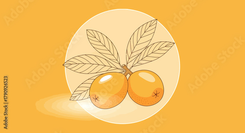 Vibrant Illustration of Loquat Fruits with Lush Foliage on Sunny Orange Backdrop